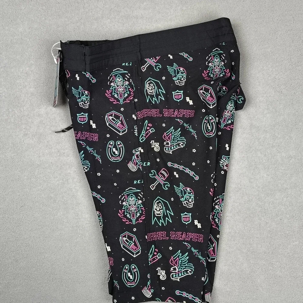 Rebel Reaper‎ Board Shorts Men Small Black Swim Trunks Tattoo Biker Pockets NWT